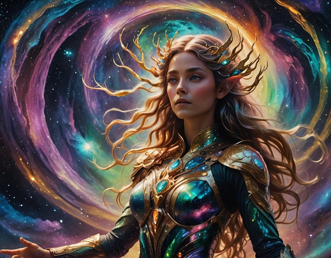 Space Elf Goddess in Astral Cosmos, Mixed Media Style