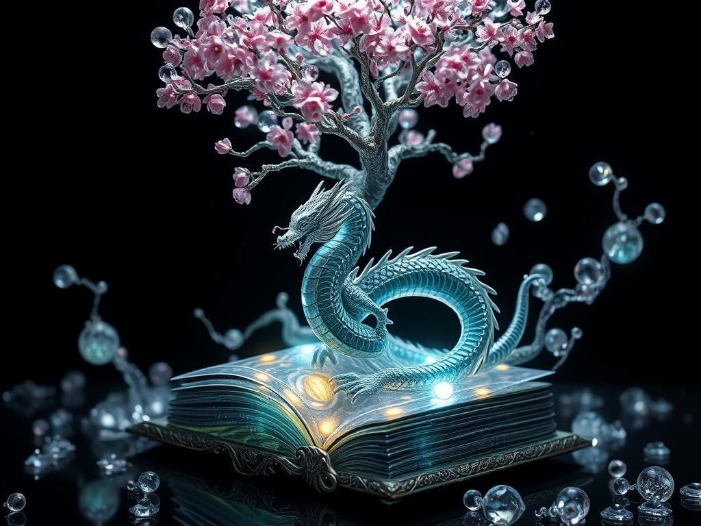 Glass Dream Tree with Dragon: Surreal Digital Art