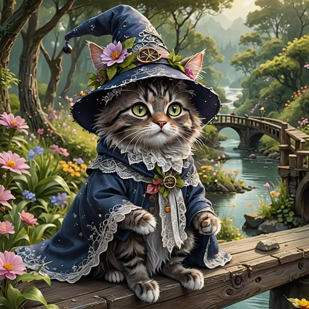 Whimsical Wizard Cat in Forest, Digital Art