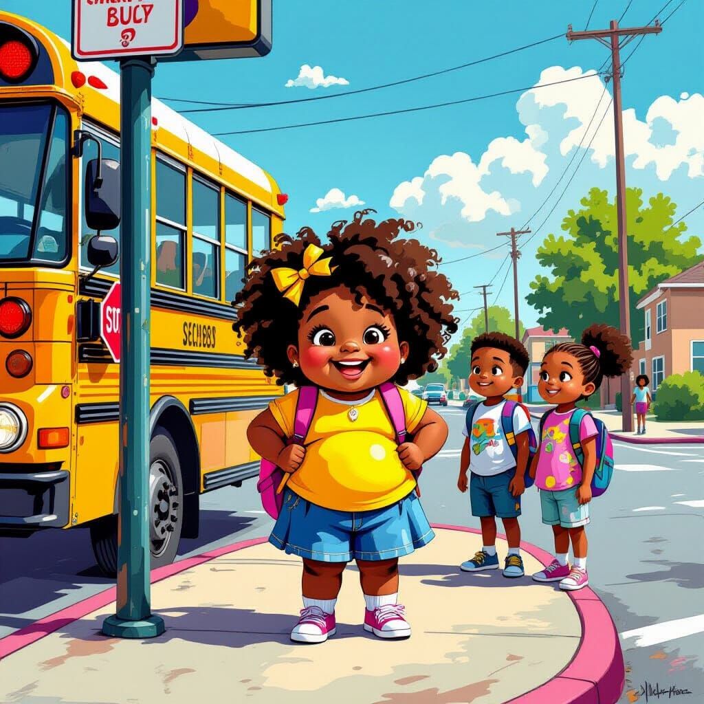 Golden-Brown Girl Waiting for School Bus