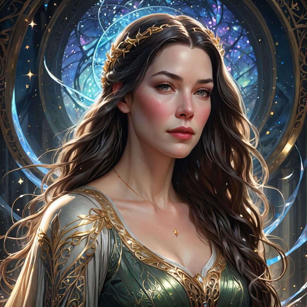 Ethereal Portrait: Woman with Starry Hair, Art Nouveau Style
