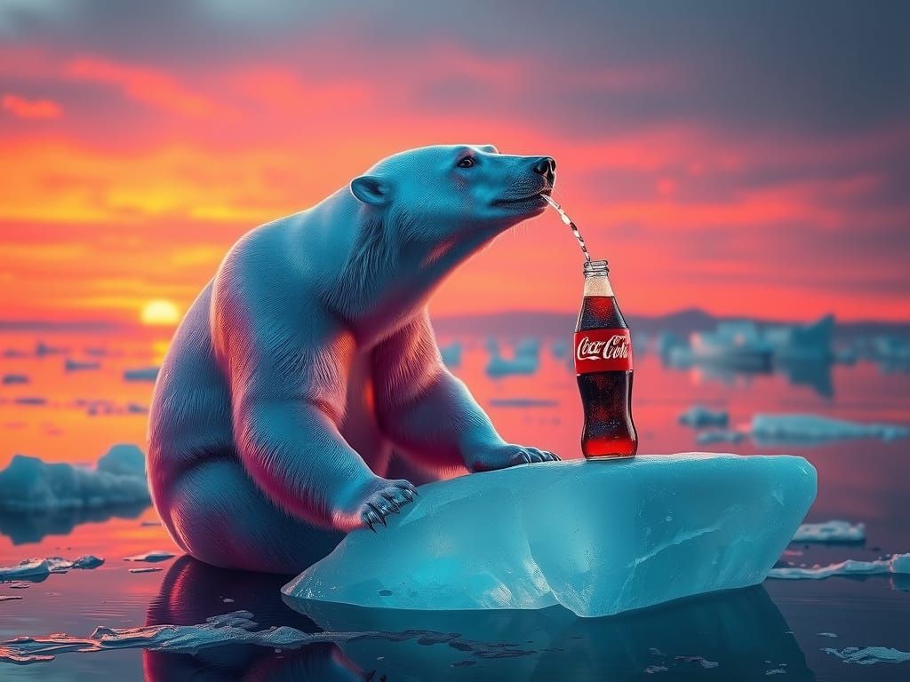 Surreal Iridescent Polar Bear Drinks Coke at Arctic Sunset