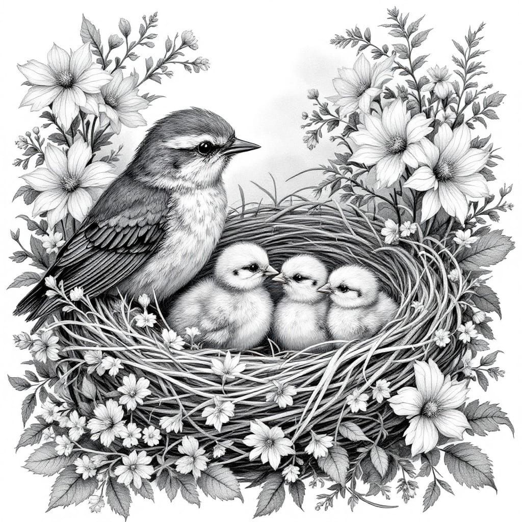 Mother Bird Feeding Chicks in Detailed Pencil Sketch