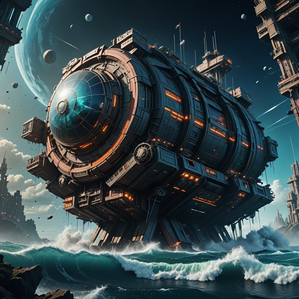 Surreal Space Station Splashes into Turquoise Depths