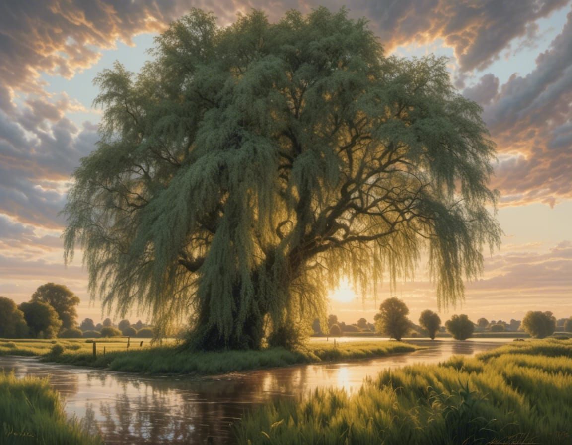 Hyperrealistic Sunrise Over British Floodplain With Willows