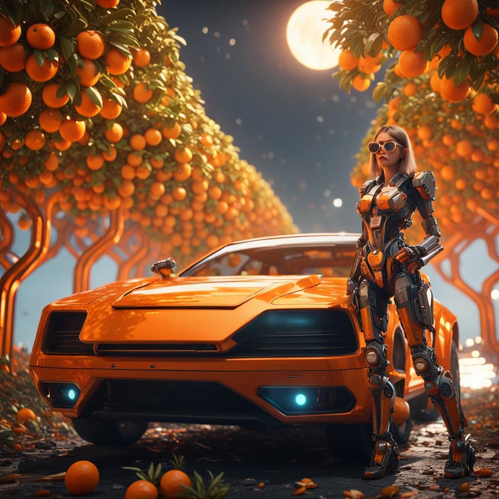 Cyberpunk Orange Lady Under Orange Moon in 8K