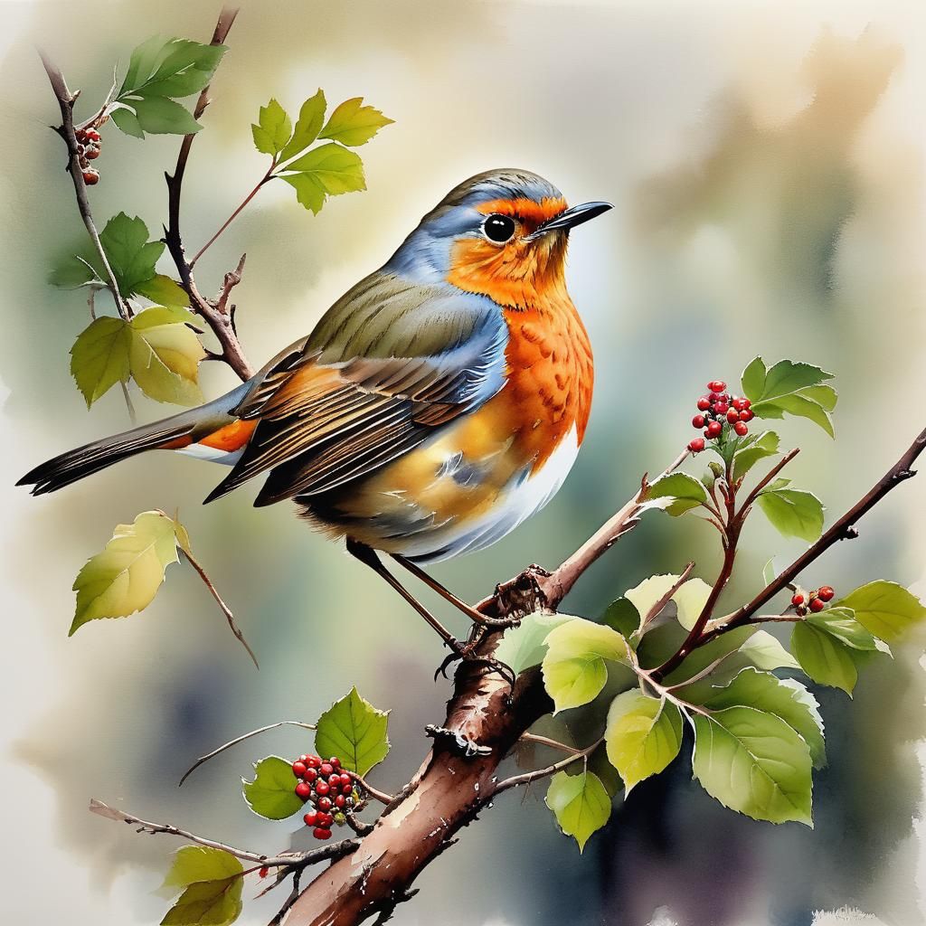 Realistic Watercolor Painting of a Robin