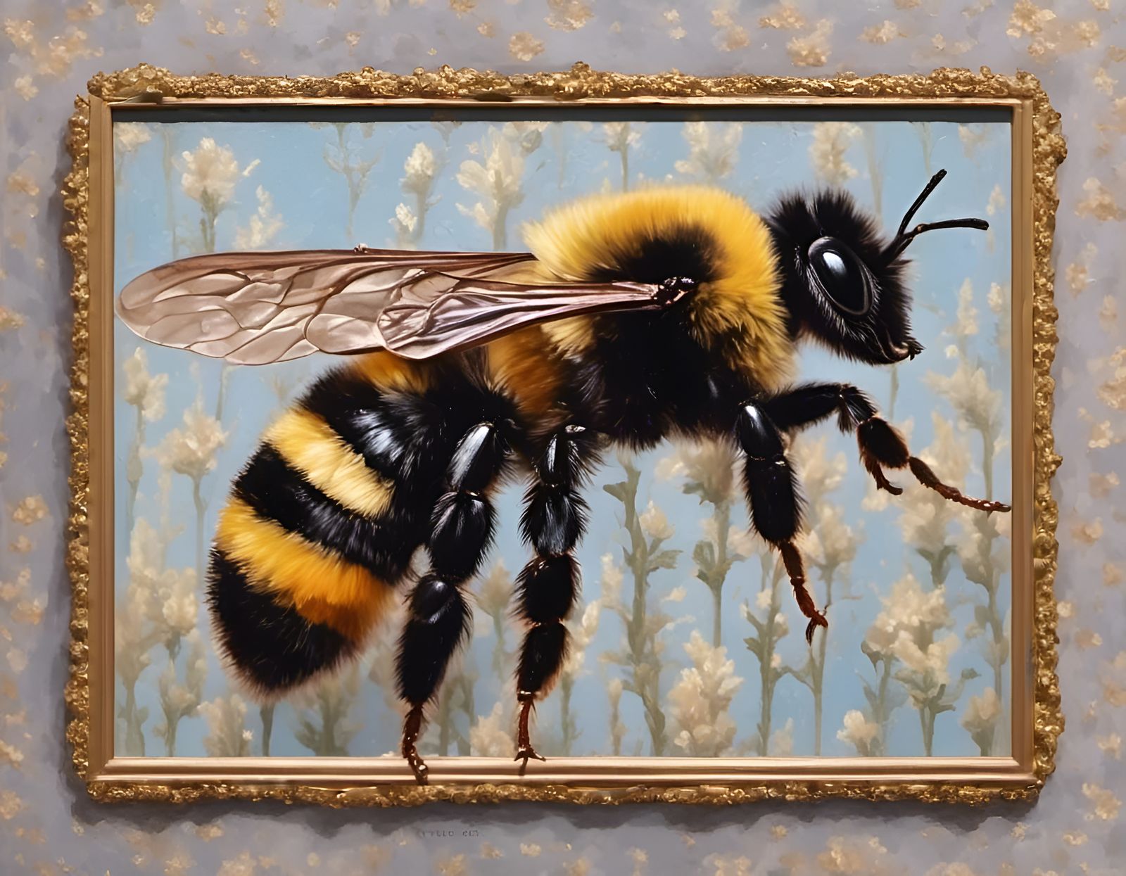 Bumble Bee in Ornate Frame as Oil Painting