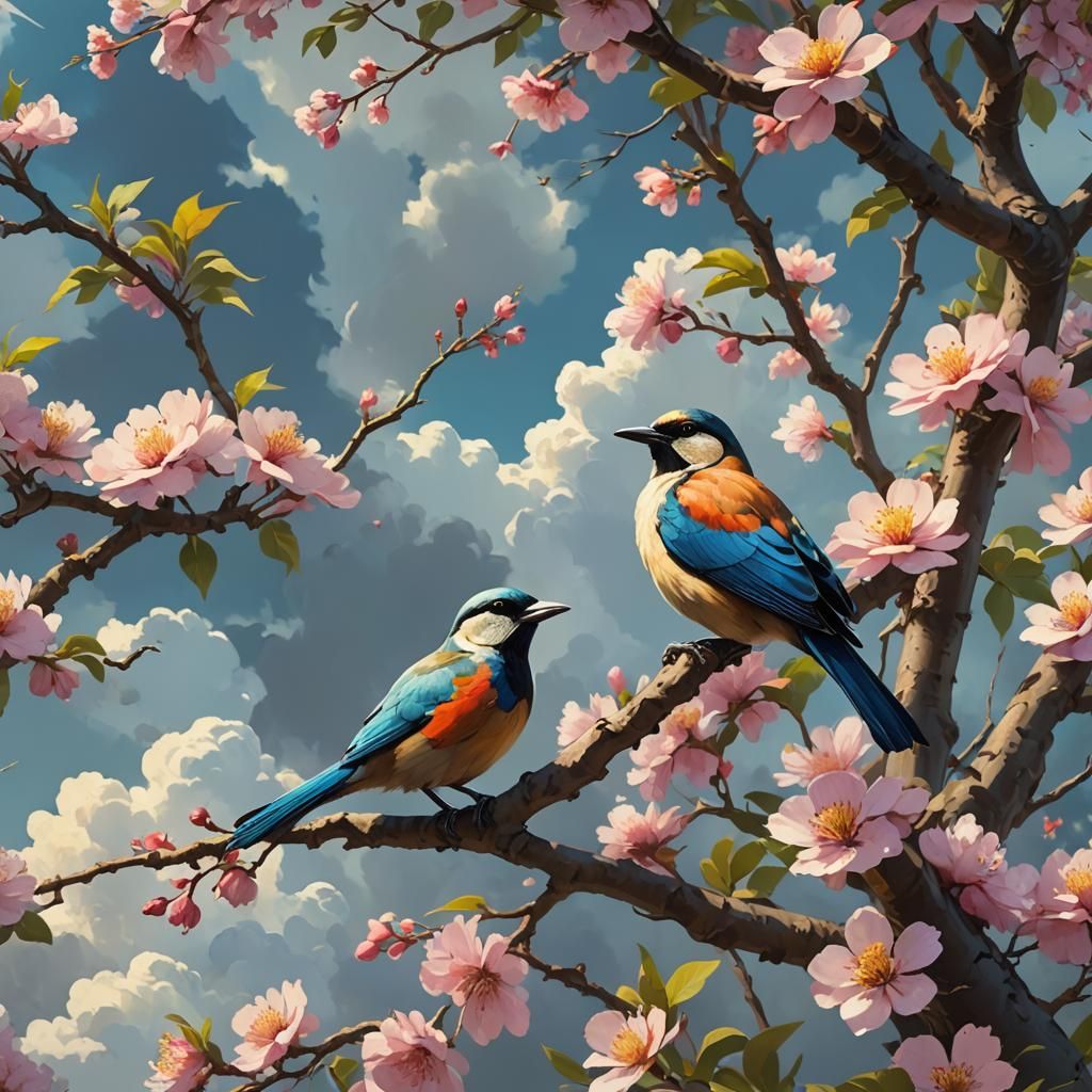 Blossom Tree Bird in Post-Impressionistic Digital Art