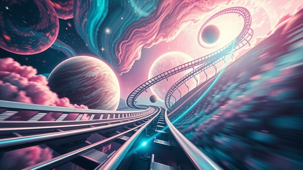 Interplanetary Rollercoaster Through Nebula in Sci-Fi Style