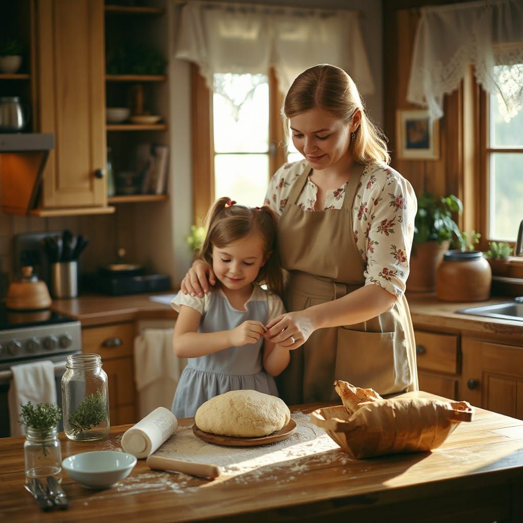 Mother and Daughter Baking in a Cozy Kitchen
