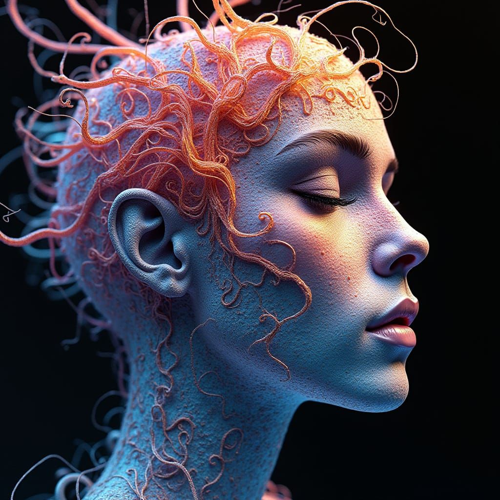 Fractal Filigree Head in Hyperrealistic Color Ink Illustrati...
