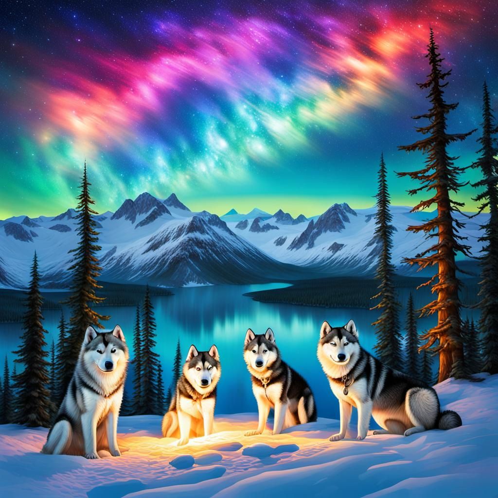 Husky Cubs Under Northern Lights Starry Sky