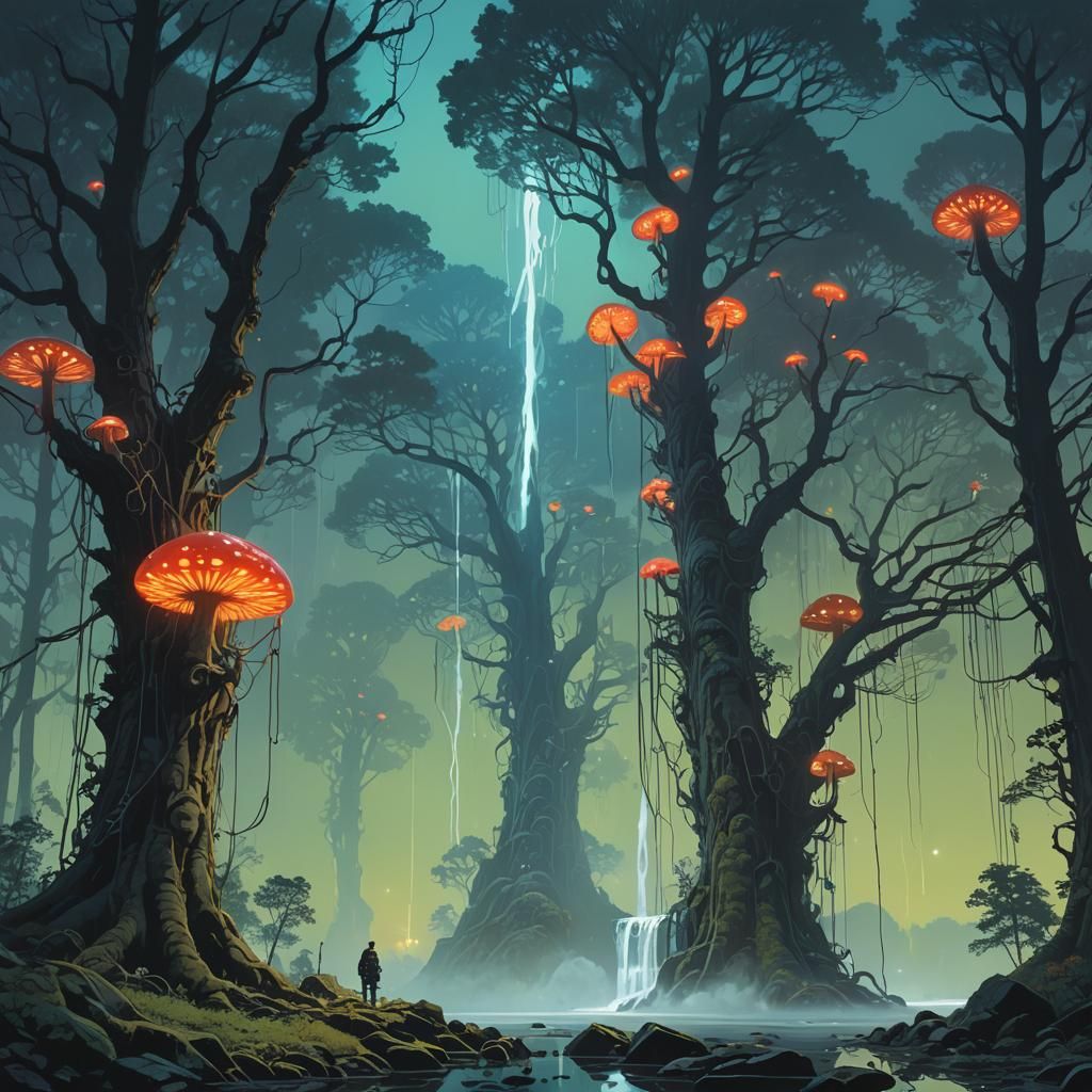 Avatar-style forest with unified moon and light waterfall, h...