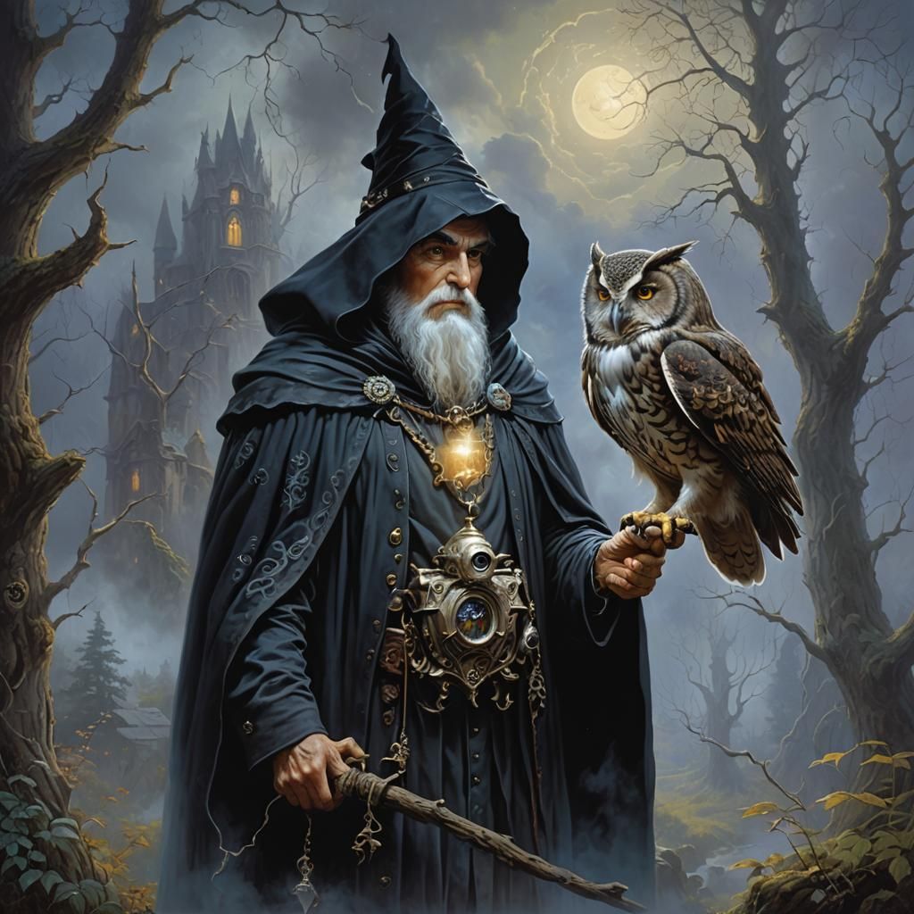 Wizard and Owl in Gothic Sci-Fi Style