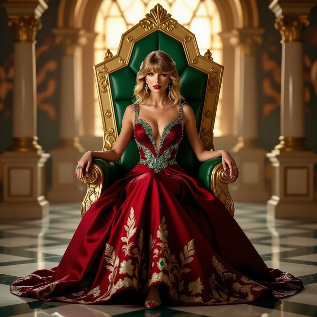 Taylor Swift in Crimson Jade Dress on Hexagonal Throne