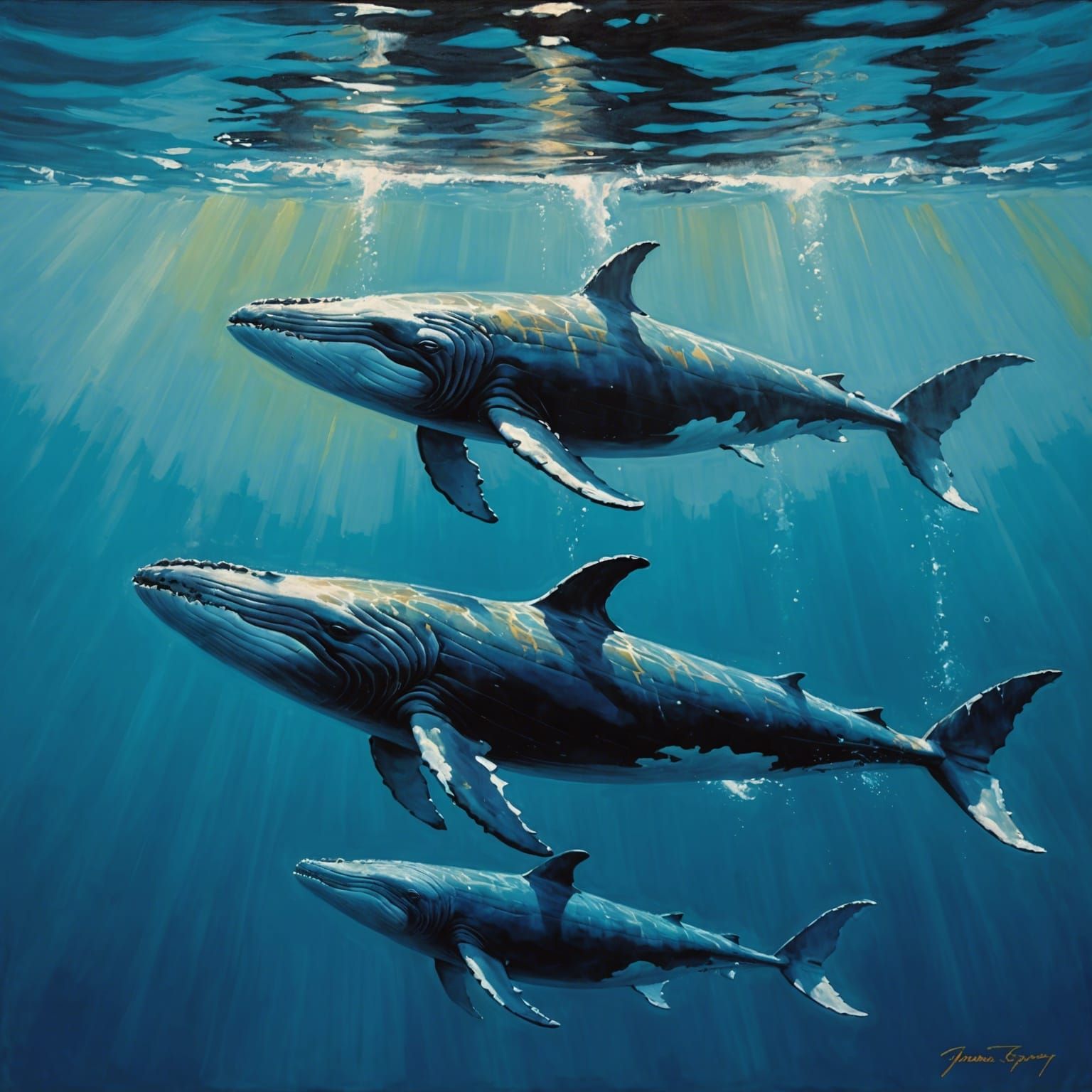 Whales Breaching in Oil Painting Style