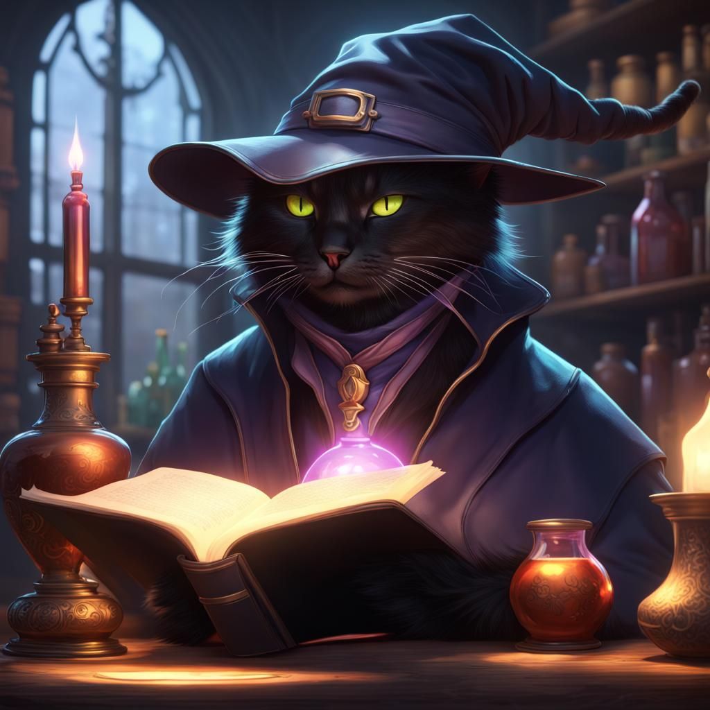 Wizard Cat Brews Potion: Hyperdetailed Concept Art