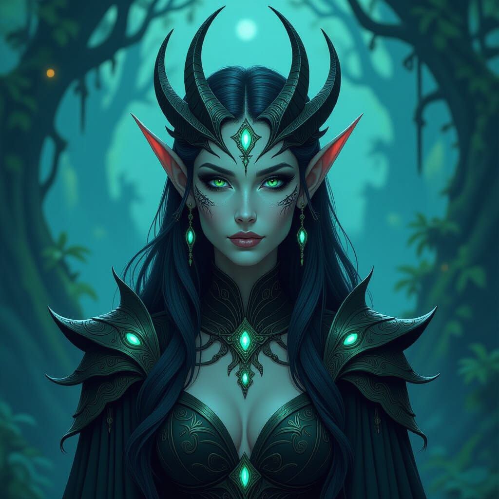 Regal Elf with Xenomorph Features in Mystical Forest