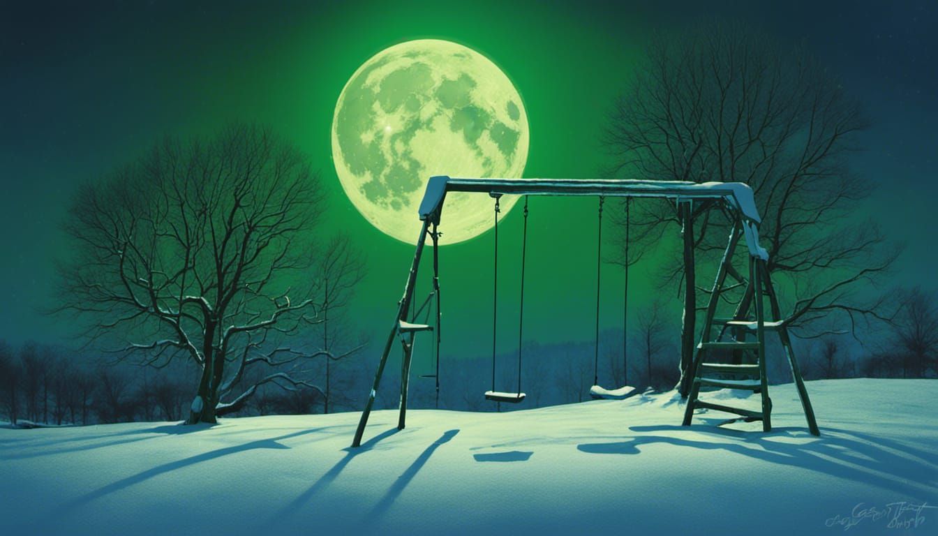 Sinister Moonlit Swing Set in Snowy Landscape