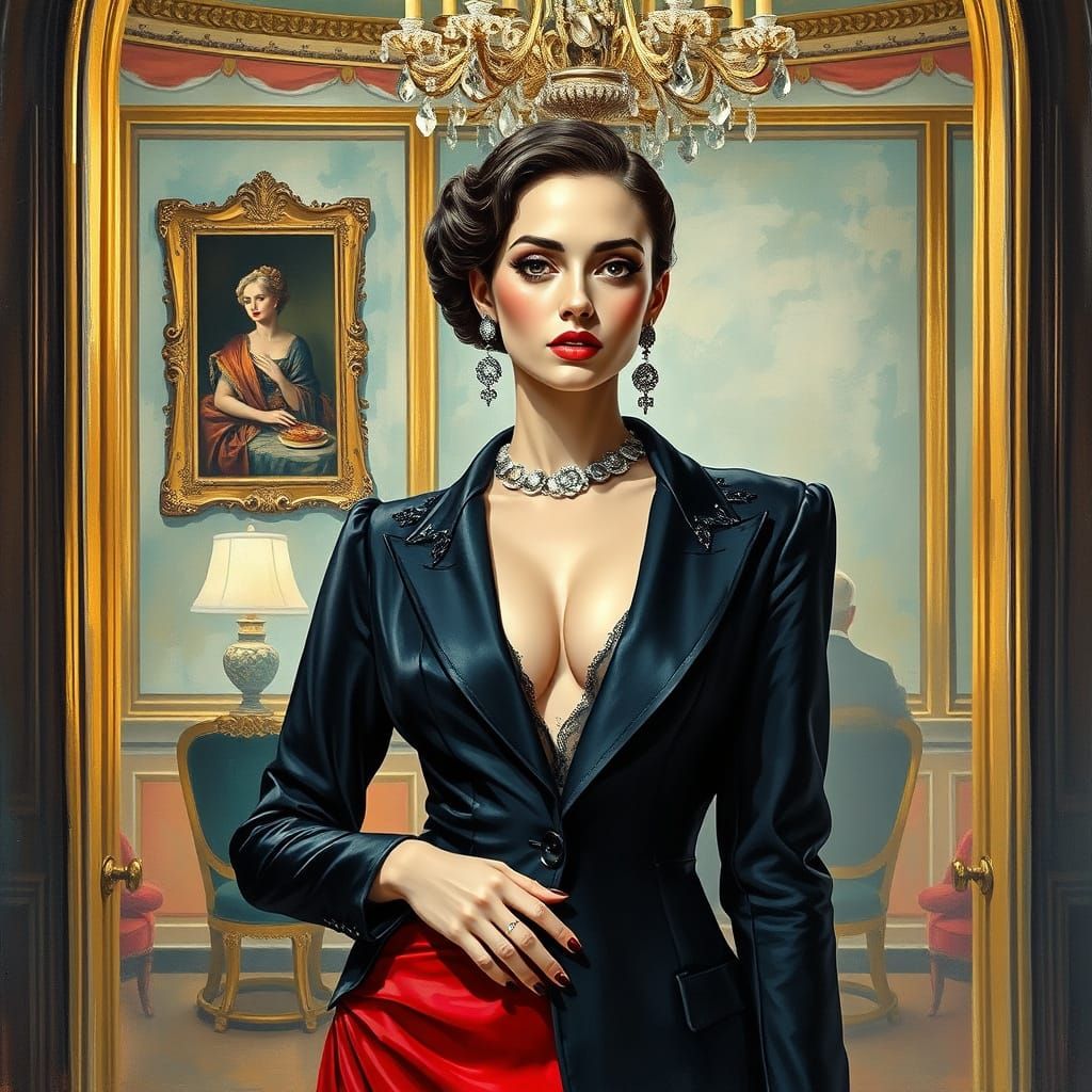 Elegant Woman Surrounded by Mystery, in Gouache Style