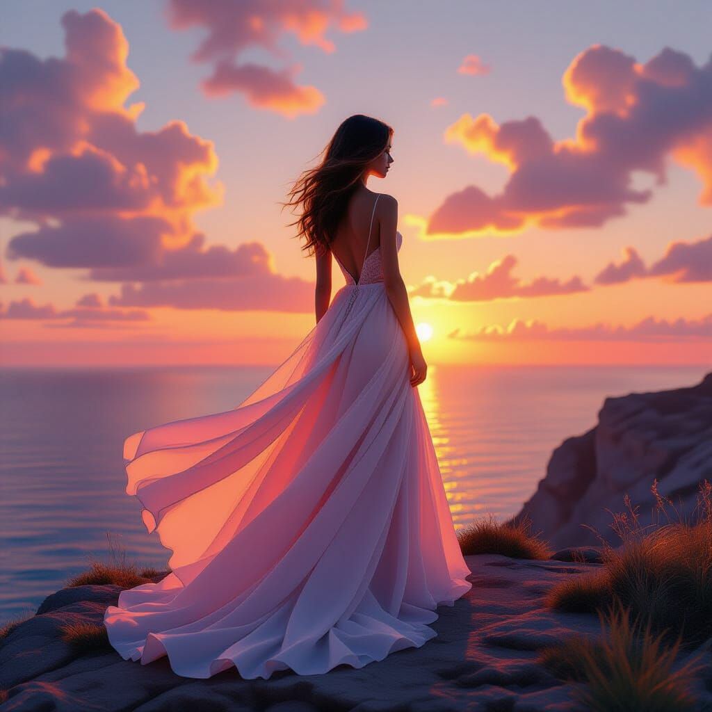 Sunset Cloud Gown on Coastal Cliff