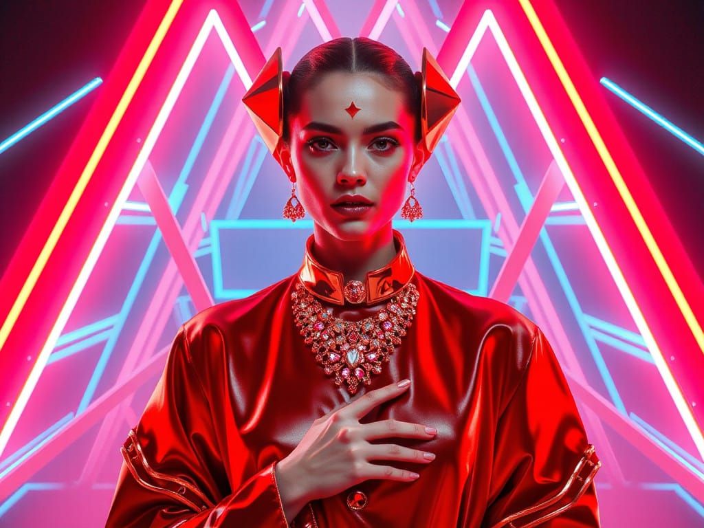 Luxury Fashion Ambassador in Scarlet-Red Futurism