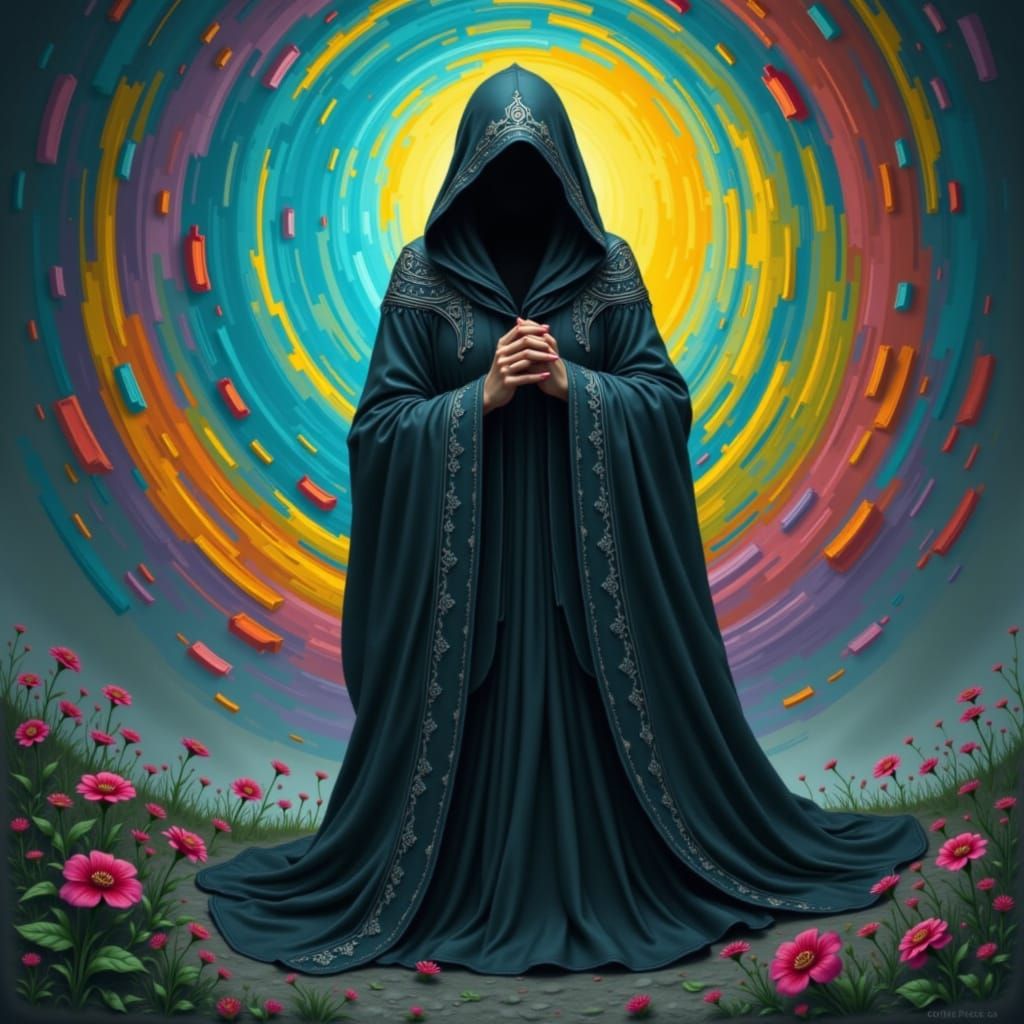 Cyberpunk Hooded Figure in Rainbow Aura