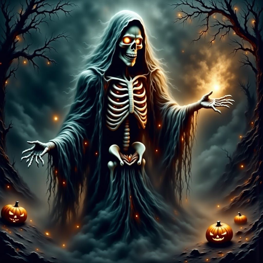 Skeleton Wizard Casting Spells in Hyperrealistic Style