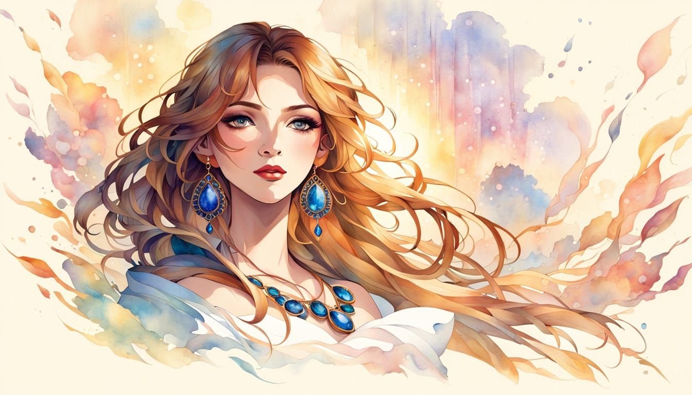 Ethereal Woman Portrait in Ink and Watercolor Style