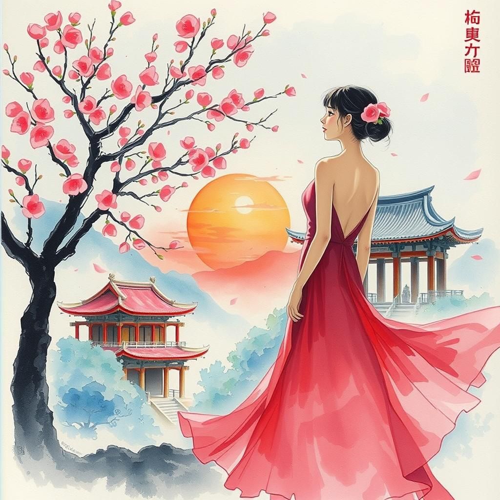 Girl in Hanbok with Sakura Tree at Sunset