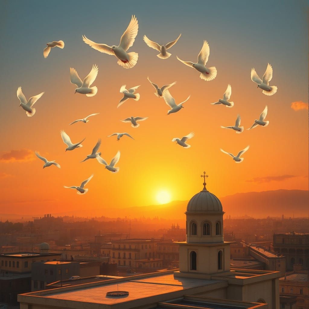 Whispers of Peace: White Doves Soar Above Damascus at Sunset