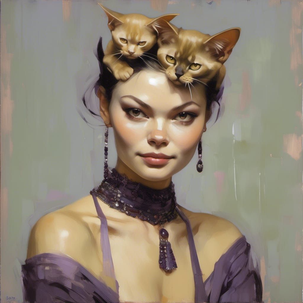Woman with Burmese Cats in Impasto Style Painting