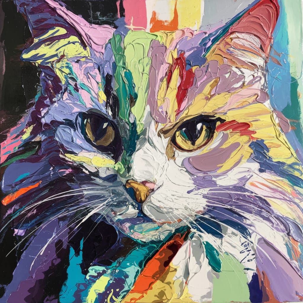 Colorful Abstract Cat Portrait in Oil
