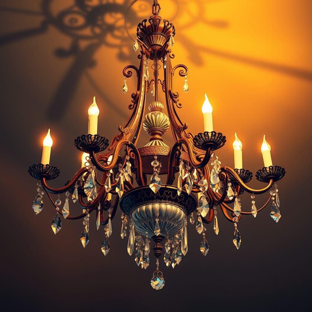 Ornate Art Nouveau Chandelier in Warm Golden Light
