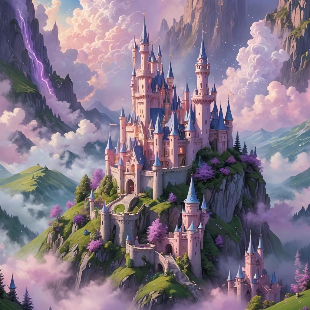 Pastel Castle with Fairies in Dreamy Landscape