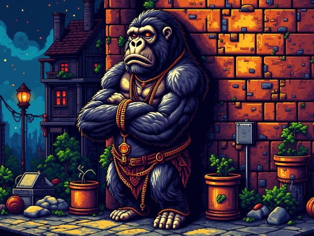 Pixelated Gorilla with Gold Chains in 8-bit Style