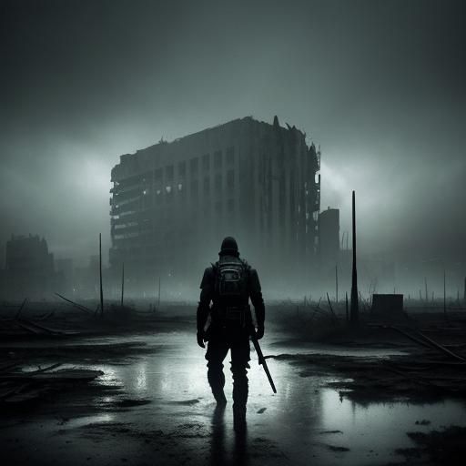 Post-Apocalyptic Figure in Ruined Cityscape