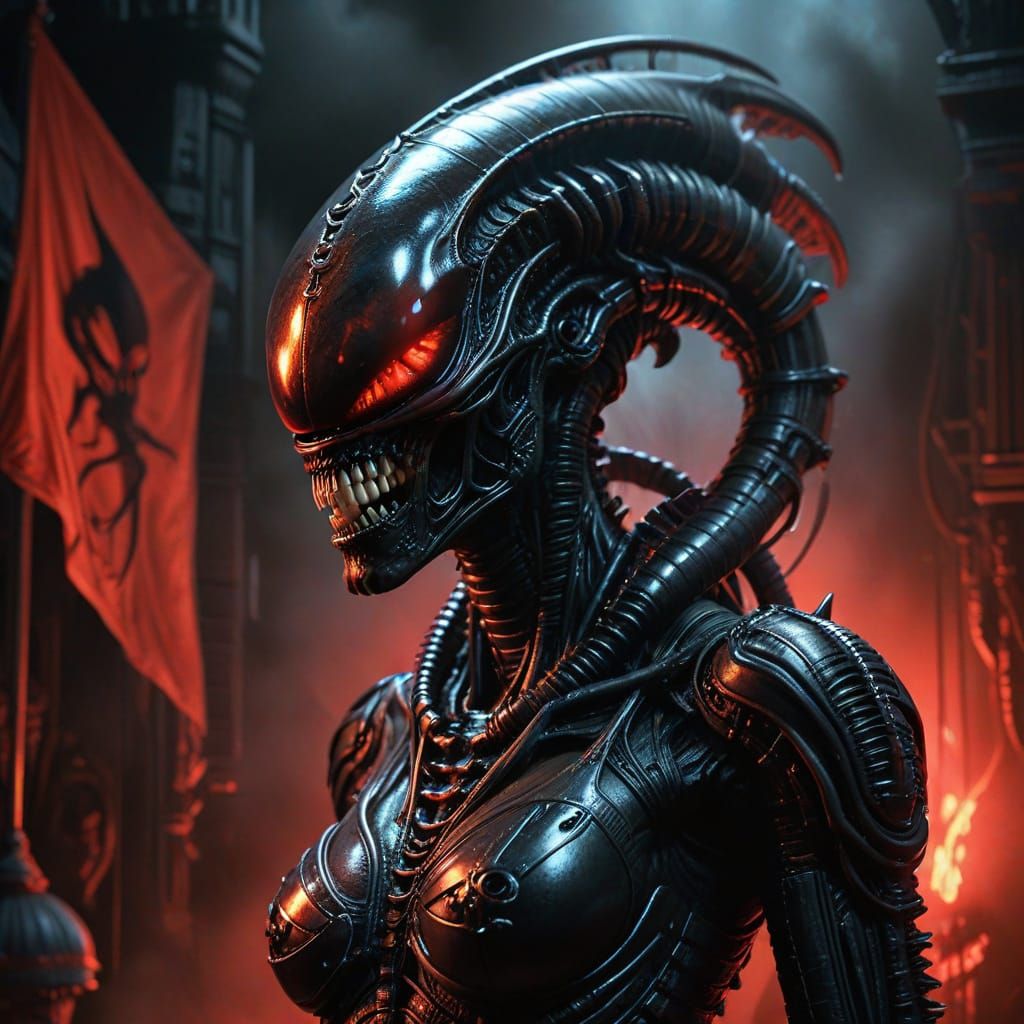 Alien Xenomorph on Cabaret Stage as Oil Painting