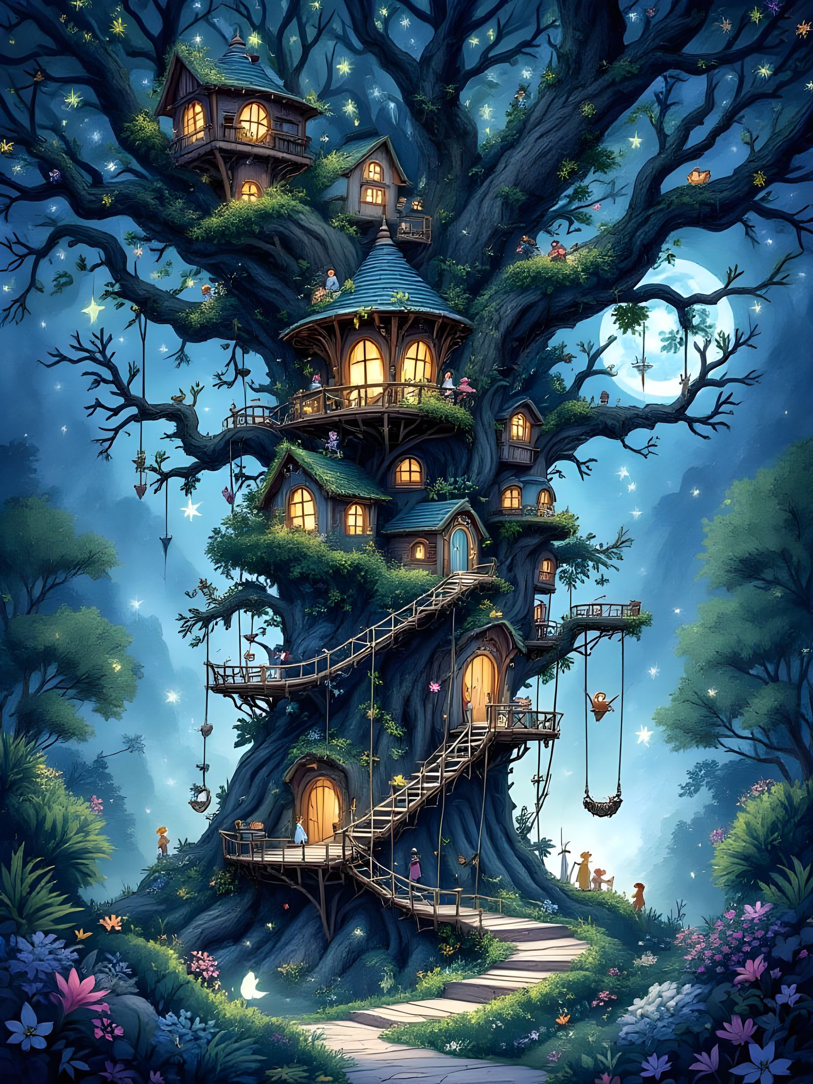 Bioluminescent Treehouse Village in Twilight: Watercolor Sty...