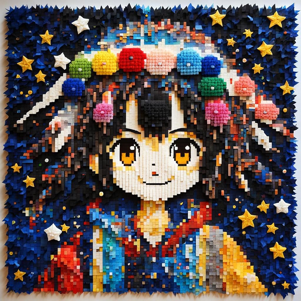 Colorful 2.5D Pixel Anime Character with Abstract Impasto