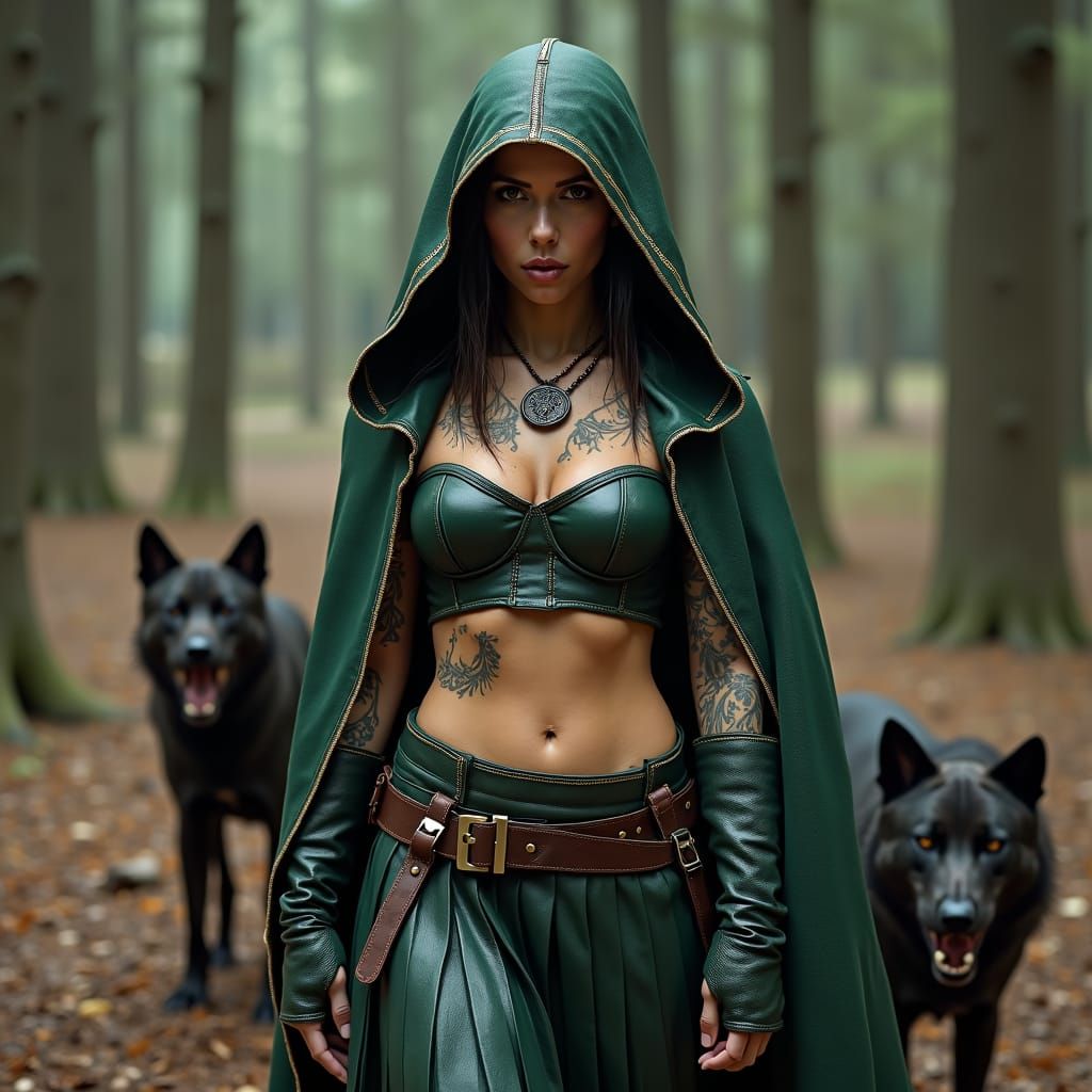 Fantasy Ranger Portrait with Mastiffs in Pine Forest