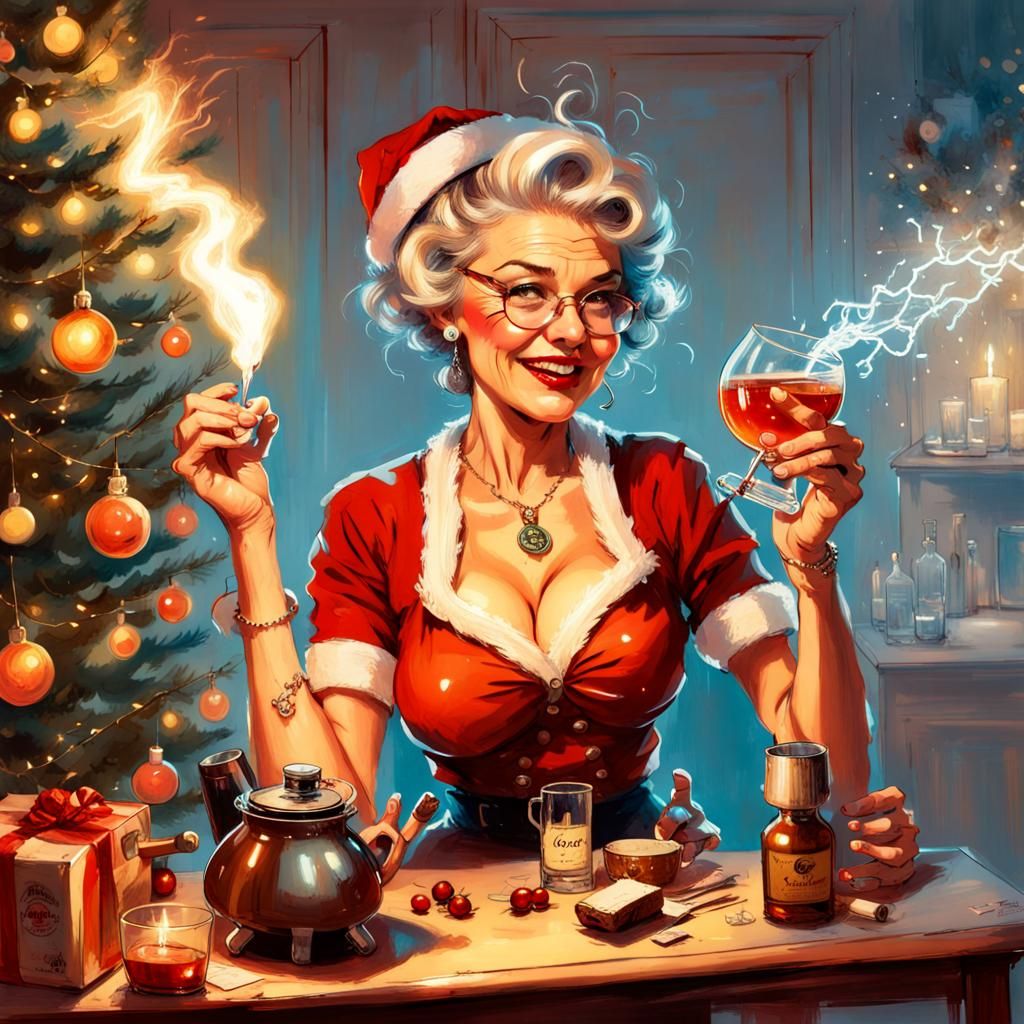 pinup Christmas granny adding whiskey to her coffee  by Gil Elvgren and CGSociety and Carne Griffiths and Pixar, fairy l...