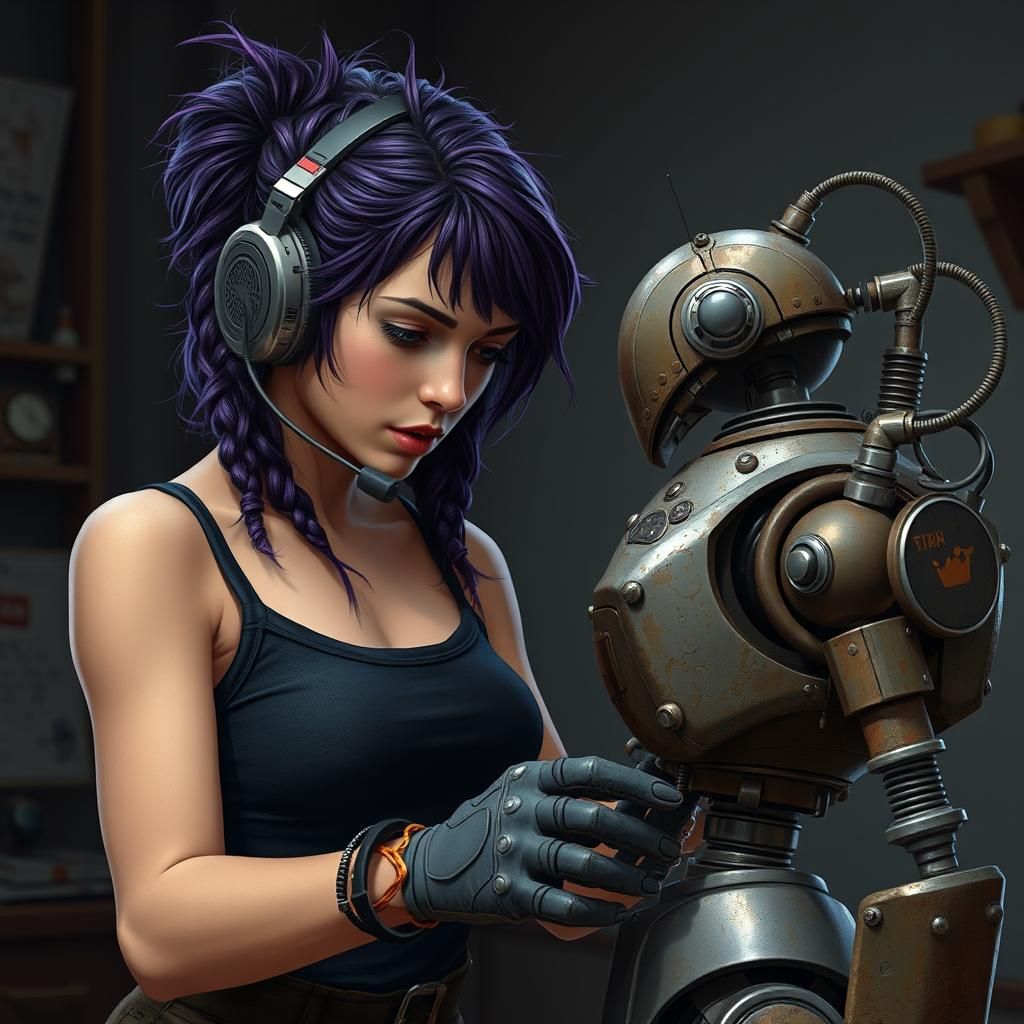 Woman with Purple Hair Repairs Robot in Retro-Futuristic Sty...