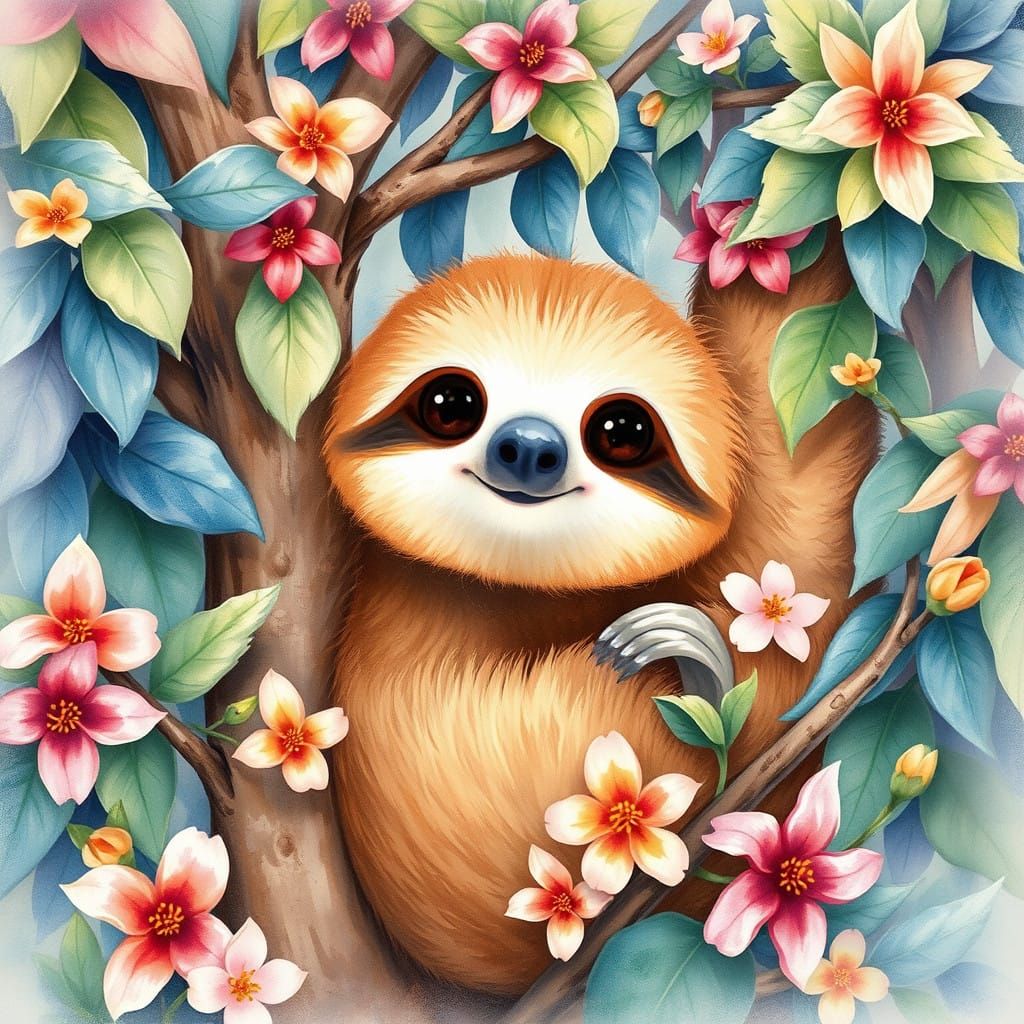 Sloth in a Whimsical Watercolor Landscape