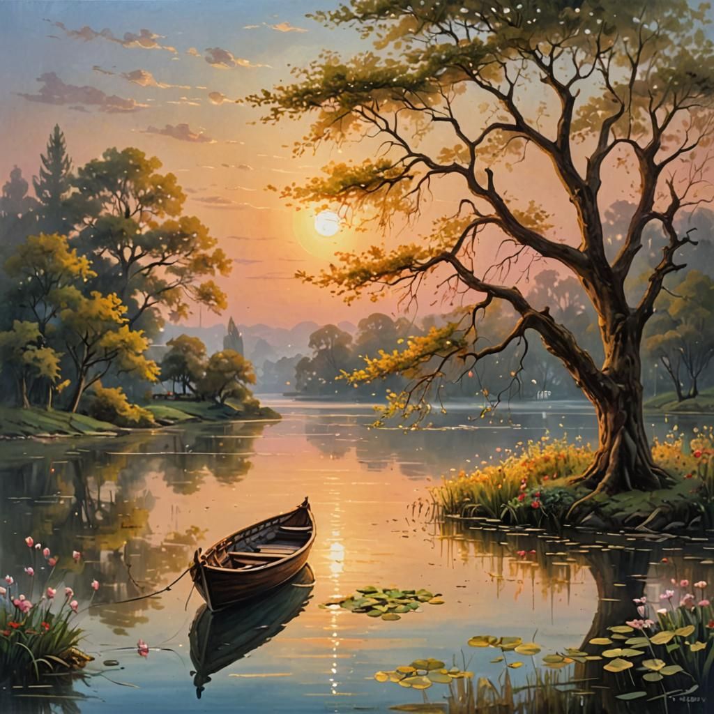 Tranquil Lakeside Sunset in Impasto Gouache Style