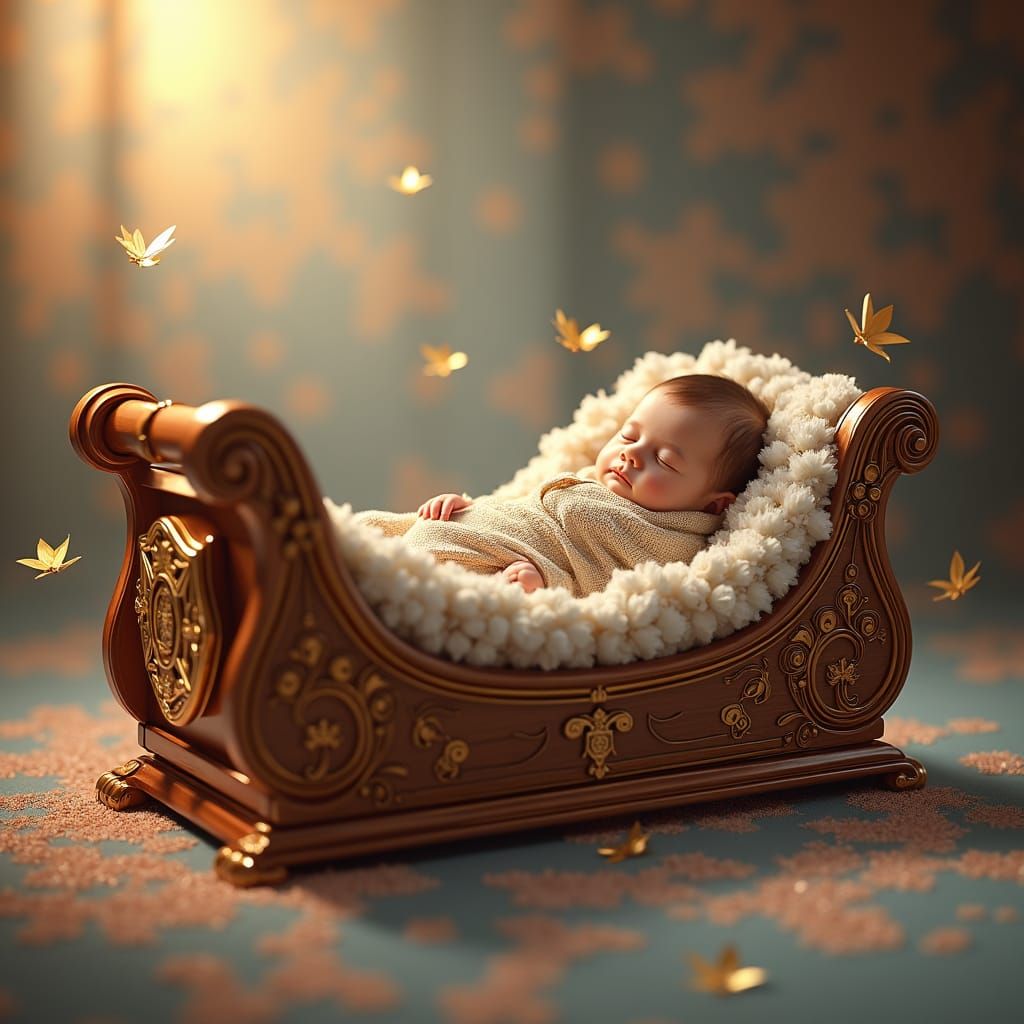 Infant Boy in Fire Truck Cradle: Matte Painting
