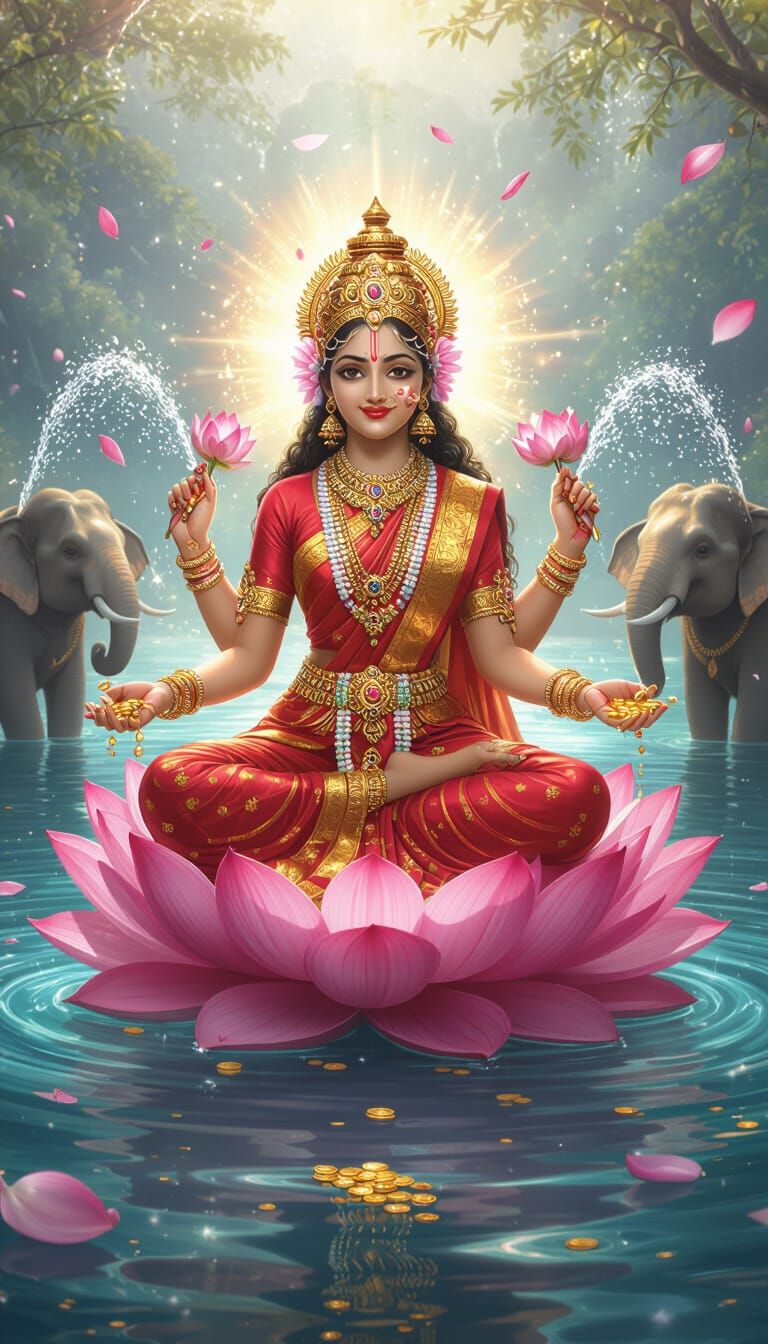 Goddess Lakshmi on Lotus with Astral Elements