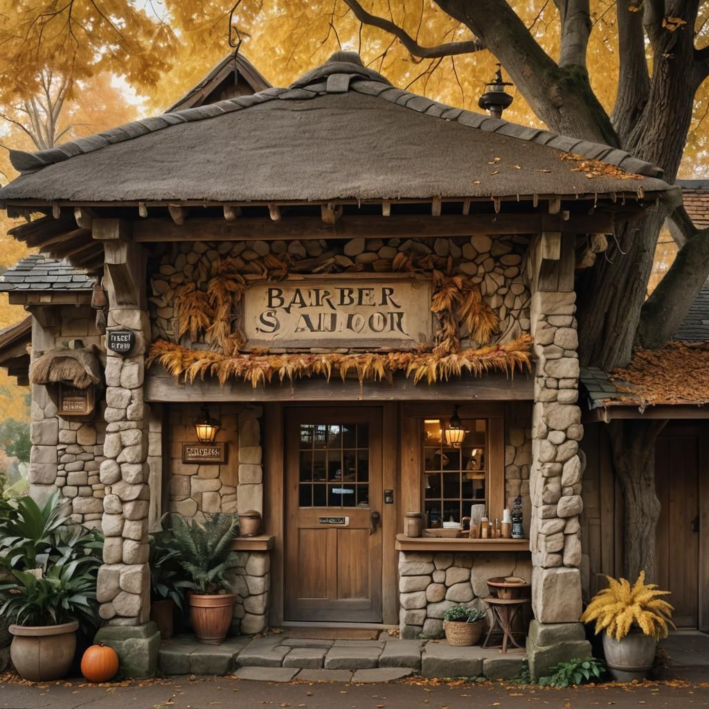 Rustic Fantasy Bathhouse with Barber and Salon Sign