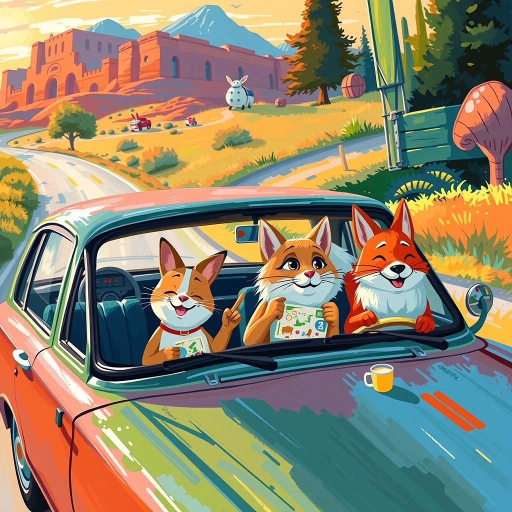 Animals on Summer Road Trip in Impasto Style